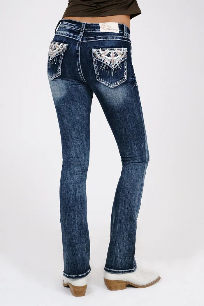 Grace in LA Women's Dream Catcher Embroidered Pocket Mid Rise Bootcut Jeans
