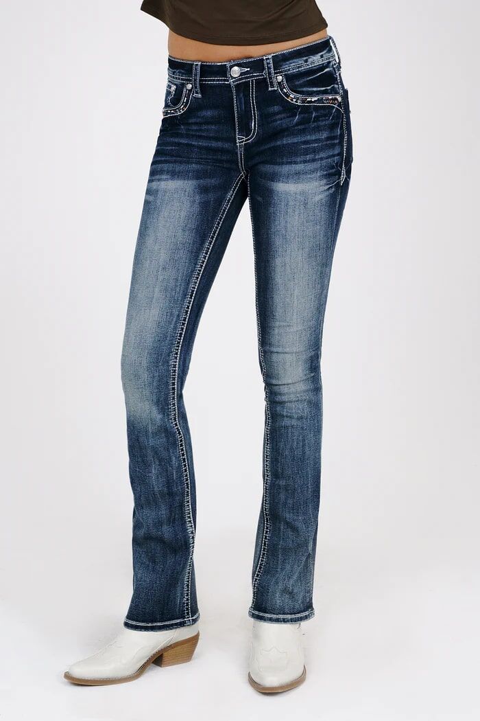 Grace in LA Women's Dream Catcher Embroidered Pocket Mid Rise Bootcut Jeans