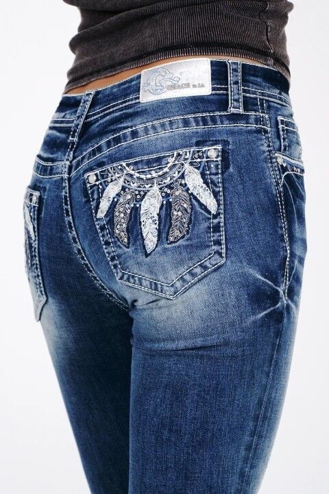Grace In LA Women's Feather Embroidery Mid Rise Bootcut Jeans