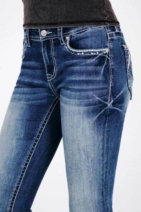 Grace In LA Women's Feather Embroidery Mid Rise Bootcut Jeans