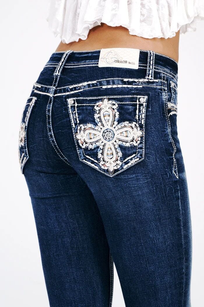 Grace In LA Women's Cross Embroidery Mid Rise Bootcut Jeans