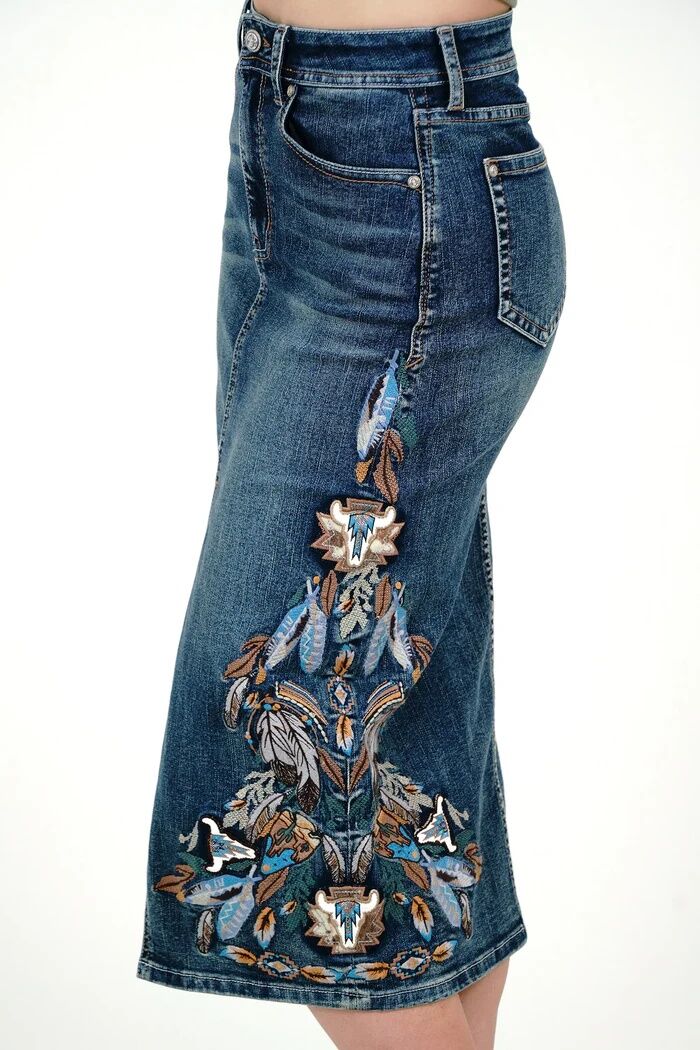 Grace In LA Women's Tribal Feathers Embroidered Denim Skirt