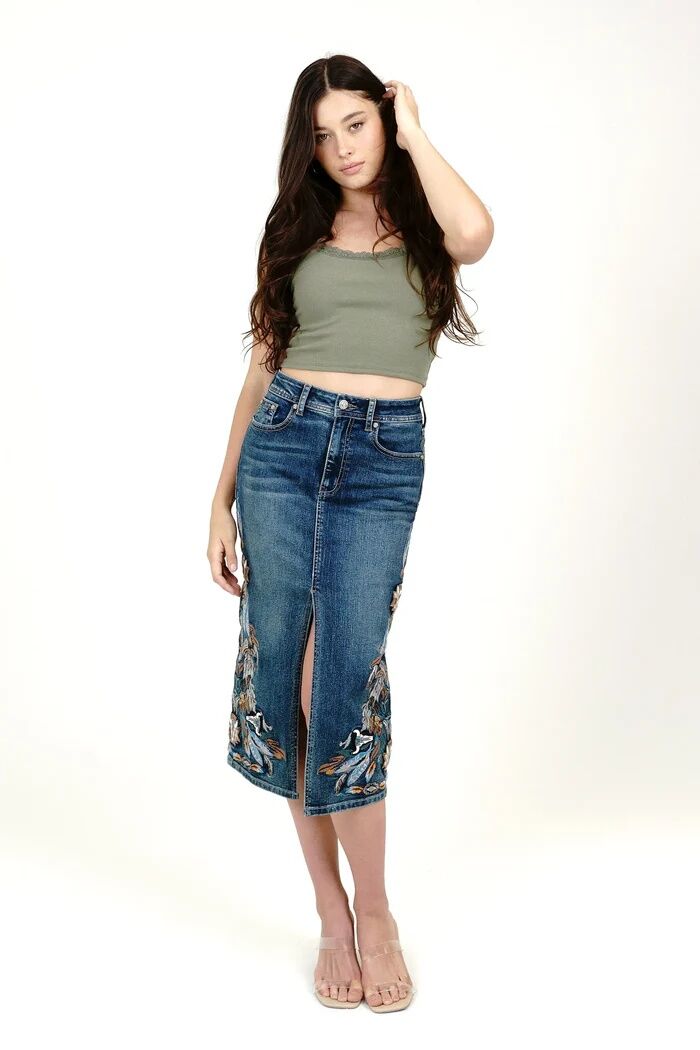 Grace In LA Women's Tribal Feathers Embroidered Denim Skirt