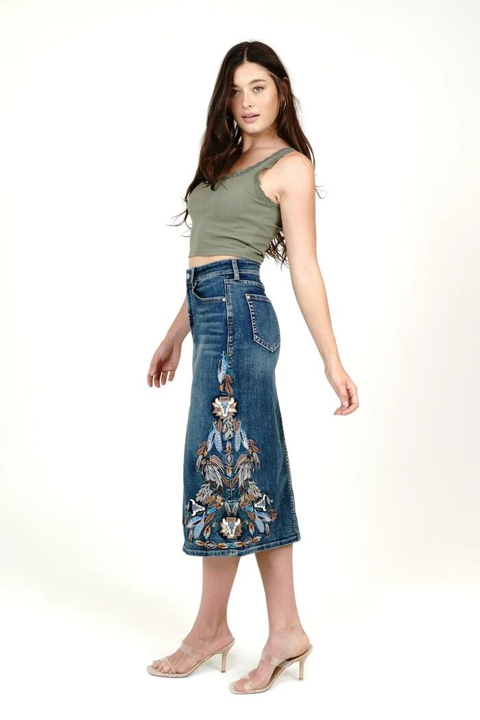 Grace In LA Women's Tribal Feathers Embroidered Denim Skirt