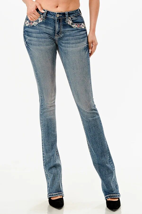 Grace In LA Women's Floral Embroidery Spring Mid Rise Bootcut Jeans