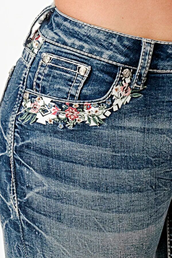 Grace In LA Women's Floral Embroidery Spring Mid Rise Bootcut Jeans