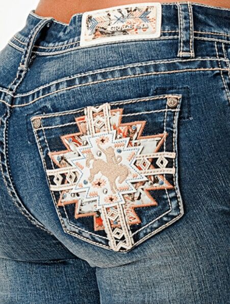 Grace In LA Women's Aztec Cross Bronco Easy Fit Mid Rise Bootcut Jeans