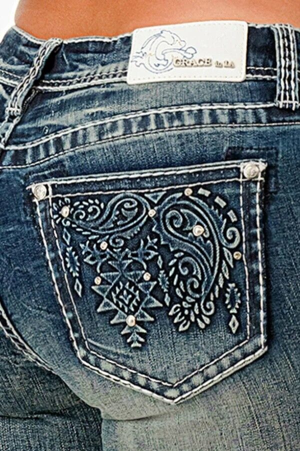 Grace In LA Women's Paisley Embellished Rhinestone Jeans