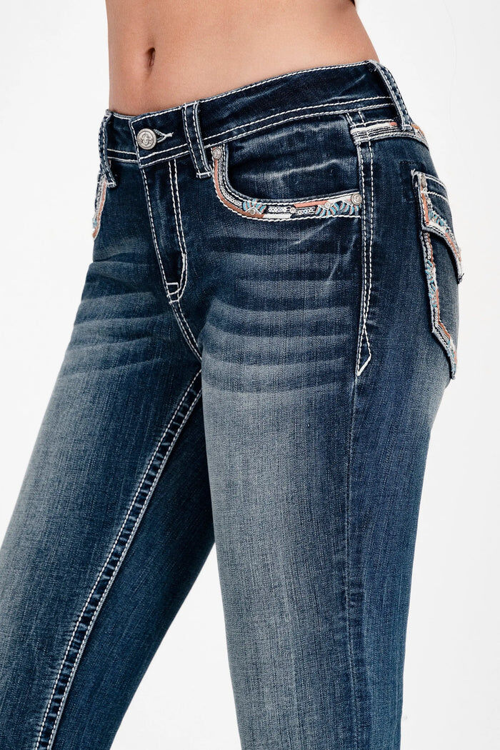 Grace In LA Women's Border Copper Embroidered Faux Flap Mid Rise Bootcut Jeans