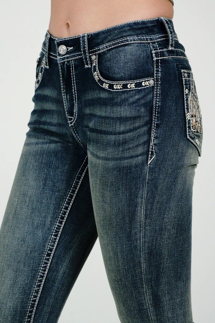 Grace In LA Women's Steer Head/Mountain View Embellished Mid Rise Bootcut Jeans