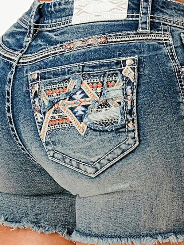 Grace In LA Women's Aztec Embroidery Modify Mid Rise Shorts