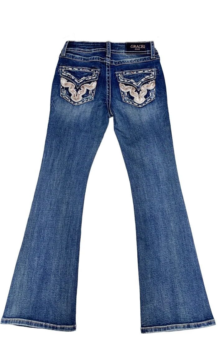 Grace In LA Girl's Horse Hide Trim Faux Flap Bootcut Jeans in Blue