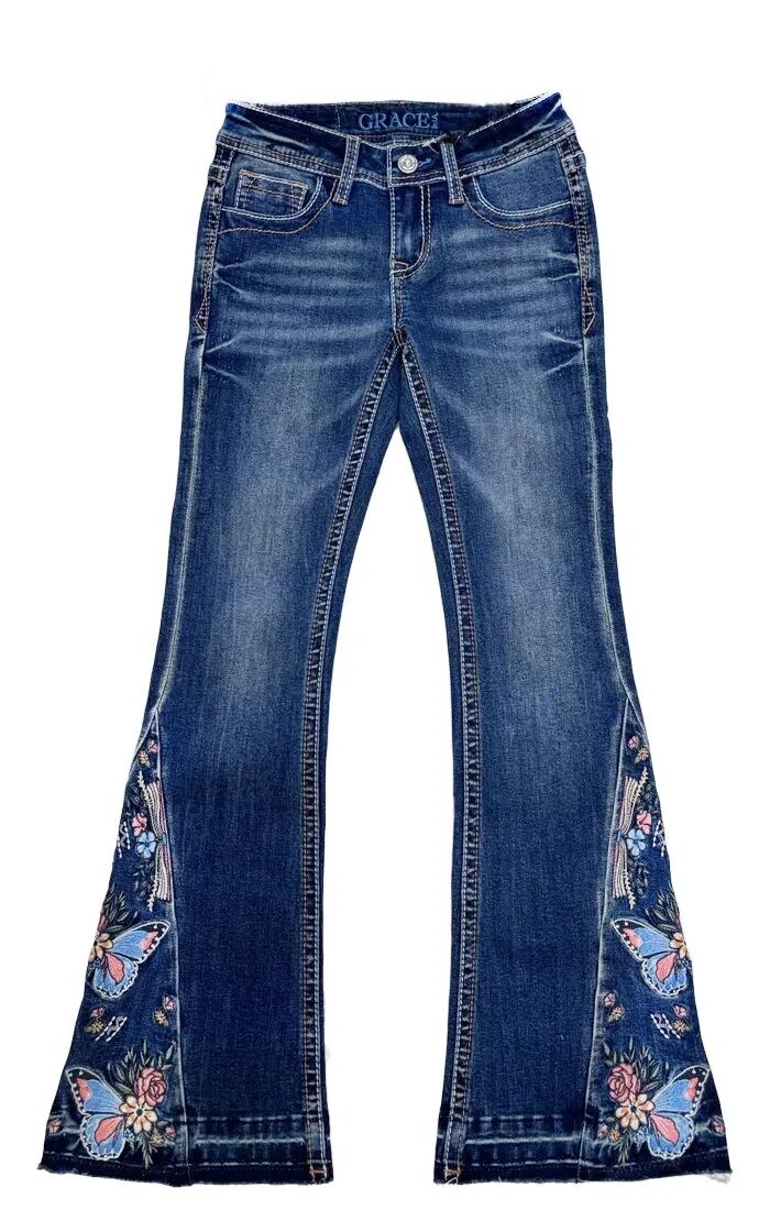 Grace In LA Girl's Butterflies Floral Embroidery On Hem Boho Girls Flare Jean