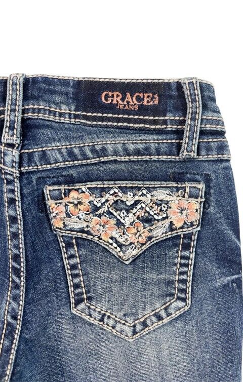 Grace in LA Girl's Floral Colorful Embroidery Faux Flap Bootcut Jean