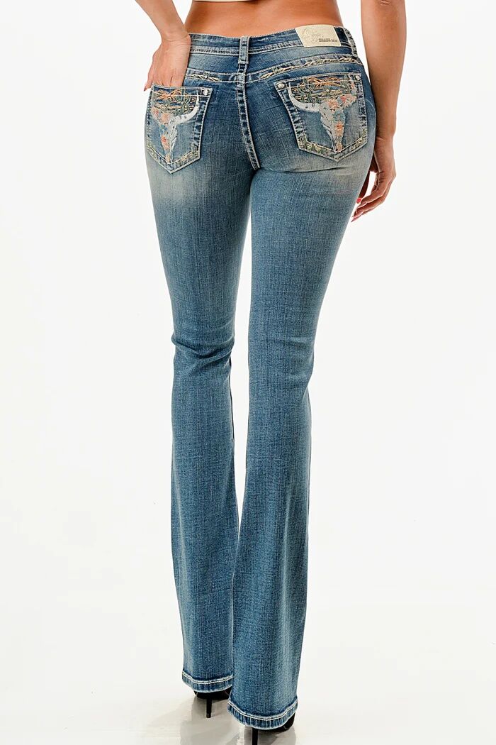 Grace in LA Girl's Steer Head Embroidery Mid Rise Bootcut Jean