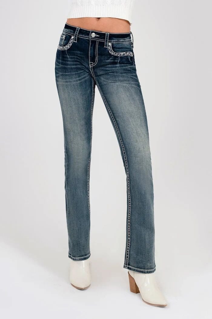 Grace In LA Girl's Western Feathers Mid Rise Embellished Bootcut Jean