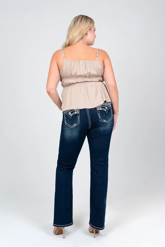 Grace In LA Women's Heavy Stitches Faux Flap Plus Size Bootcut Jeans