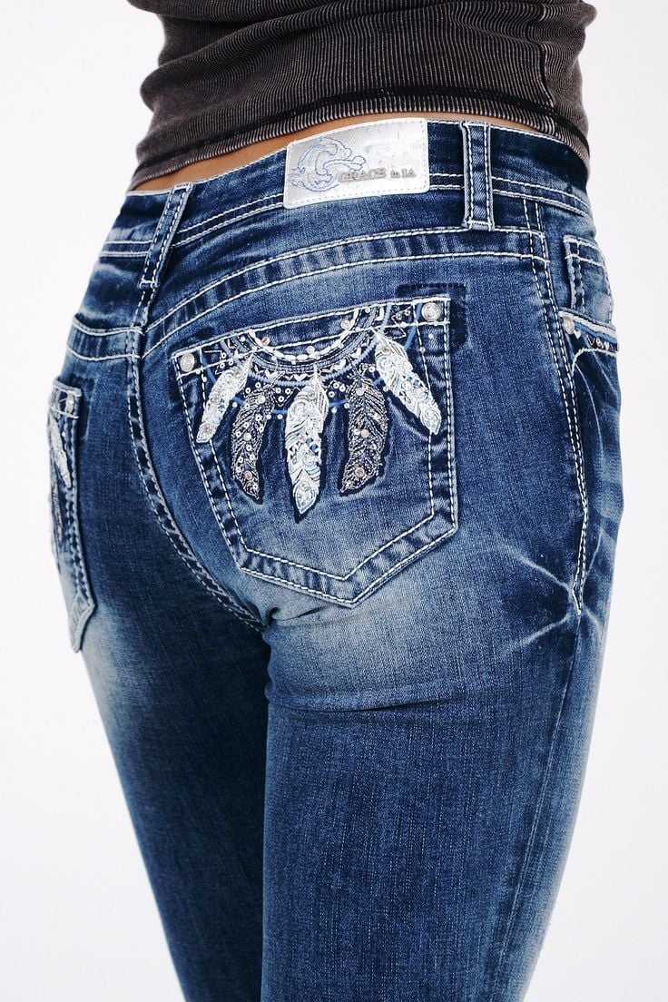 Grace In LA Women's Feather Embroidery Mid Rise Bootcut Jeans