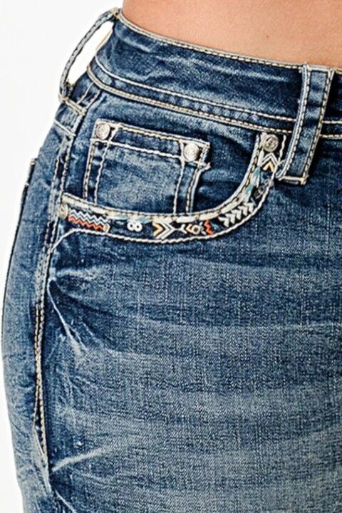 Grace In LA Women's Aztec Embroidered Mid Rise Embellished Bootcut Jeans