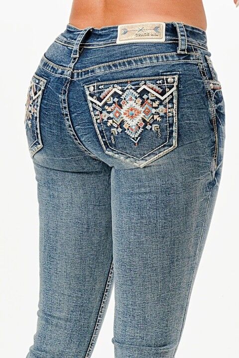 Grace In LA Women's Aztec Embroidered Mid Rise Embellished Bootcut Jeans