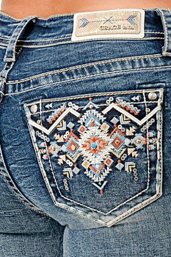 Grace In LA Women's Aztec Embroidered Mid Rise Embellished Bootcut Jeans