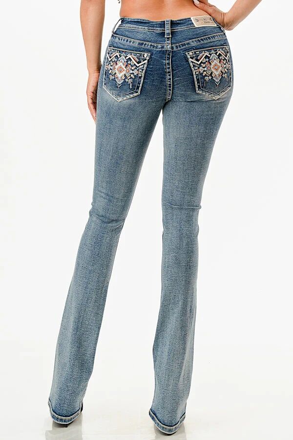 Grace In LA Women's Aztec Embroidered Mid Rise Embellished Bootcut Jeans