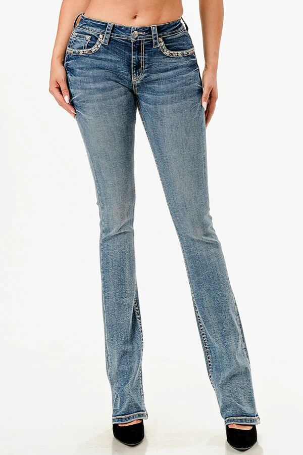 Grace In LA Women's Aztec Embroidered Mid Rise Embellished Bootcut Jeans