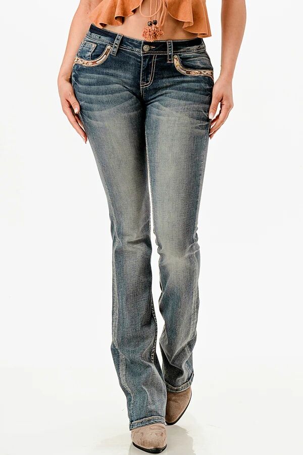 Grace In LA Women's Horse Hide Trims Faux Flap Mid Rise Bootcut Recycle Fabric Jeans