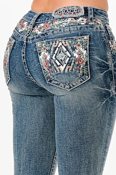 Grace In LA Women's Western Flowers Rhinestone Embellished Jeans