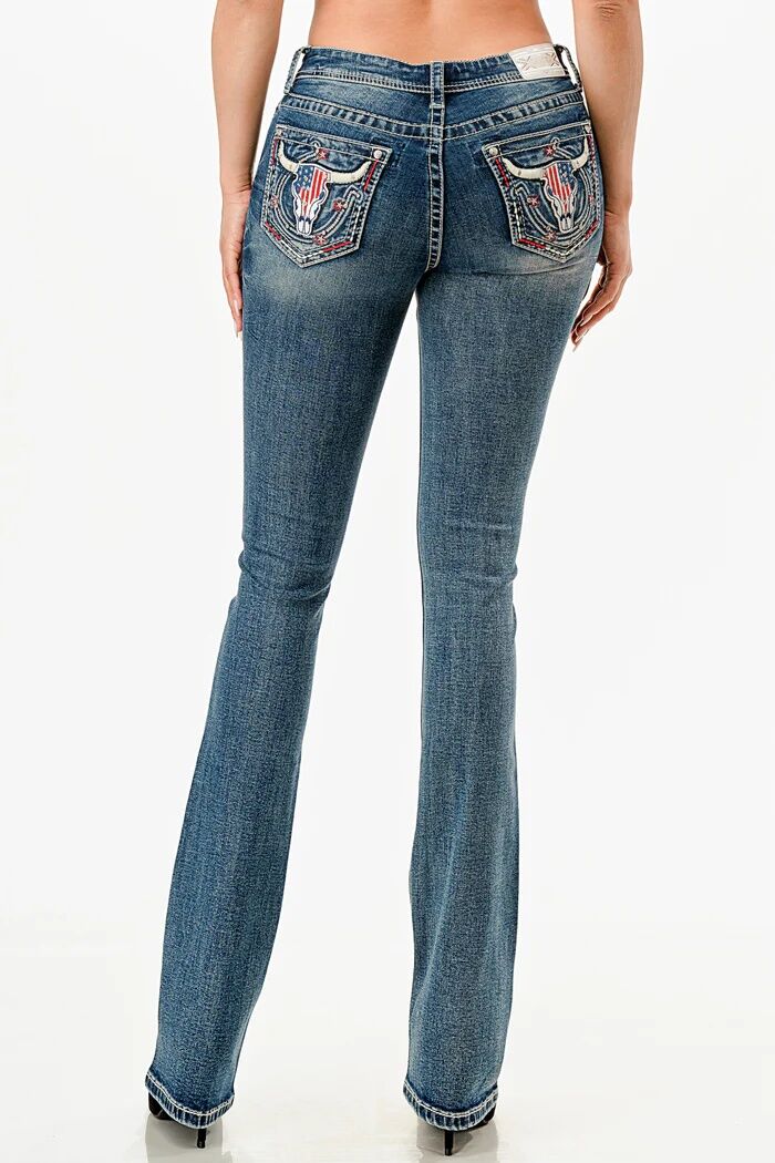 Grace In LA Women's American Steer Head Embellished Bootcut Jeans