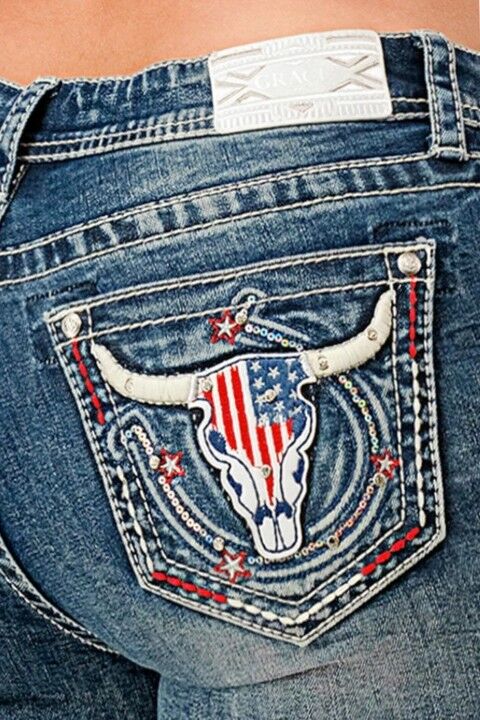 Grace In LA Women's American Steer Head Embellished Bootcut Jeans