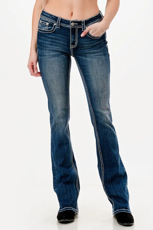 Grace In LA Women's Flu De Lee 3D Mid Rise Bootcut Rhinestone Jeans