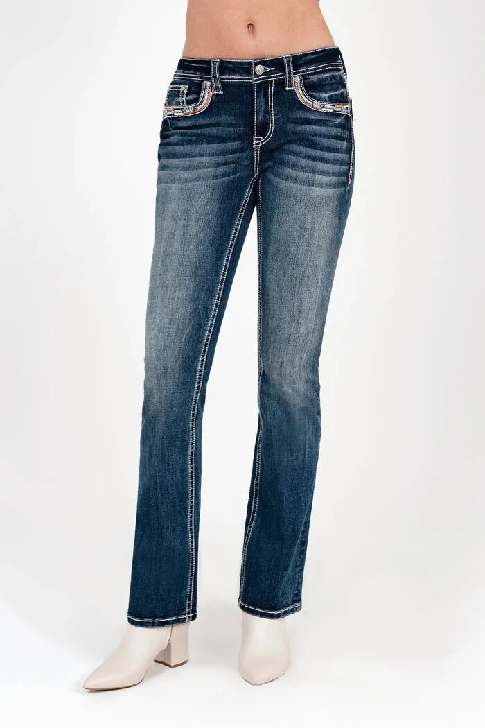 Grace In LA Women's Border Copper Embroidered Faux Flap Mid Rise Bootcut Jeans