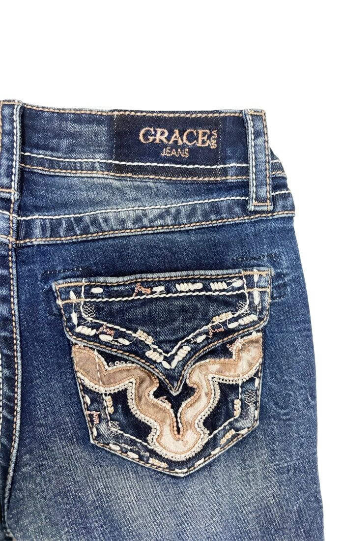 Grace In LA Little Girl's Horse Hid Trim Faux Flap Bootcut Jeans in Blue
