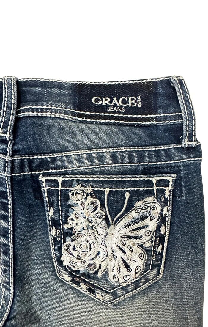 Grace In LA Girl's Butterfly Embroidered Bootcut Jean