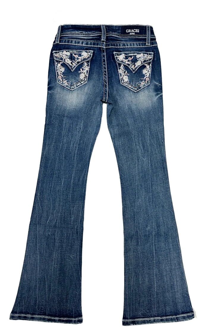 Grace In LA Girl's Floral Embroidery Faux Flap Bootcut Jean