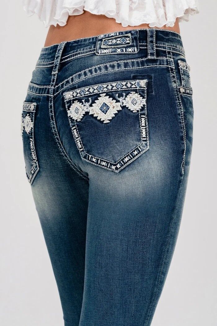 Grace in LA Girl's Aztec Embroidered Faux Flap Bootcut Jean