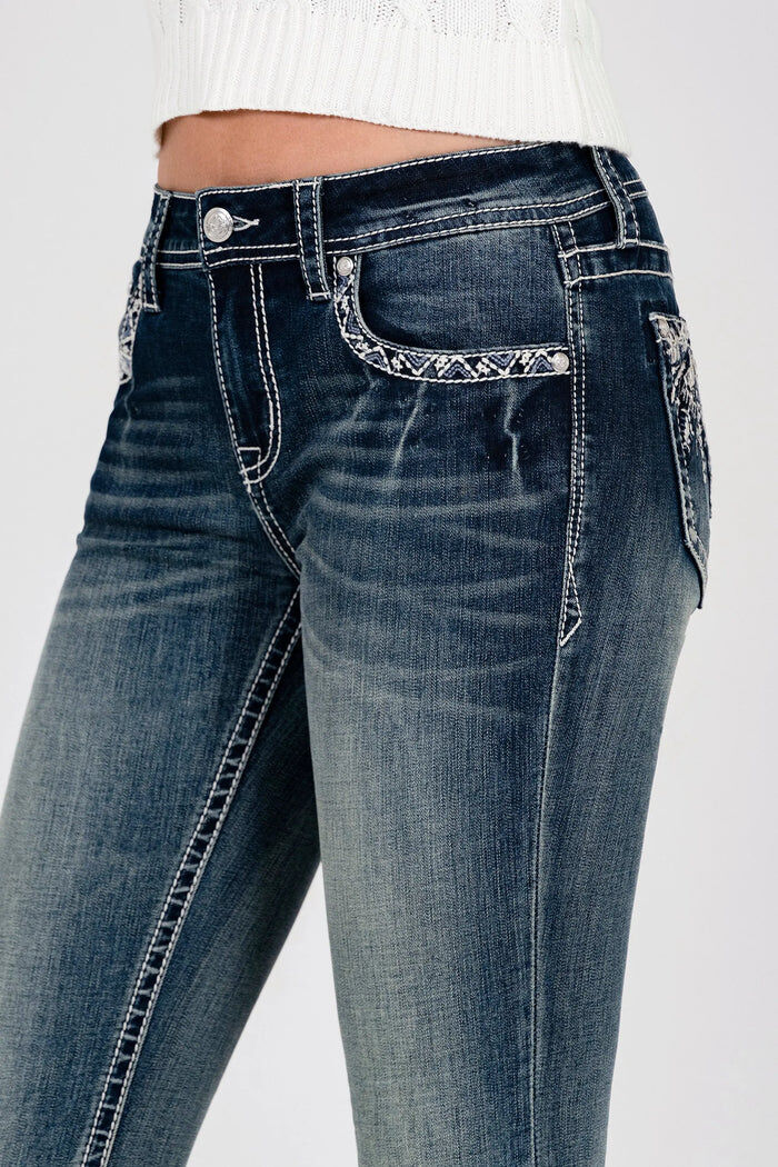 Grace In LA Girl's Western Feathers Mid Rise Embellished Bootcut Jean