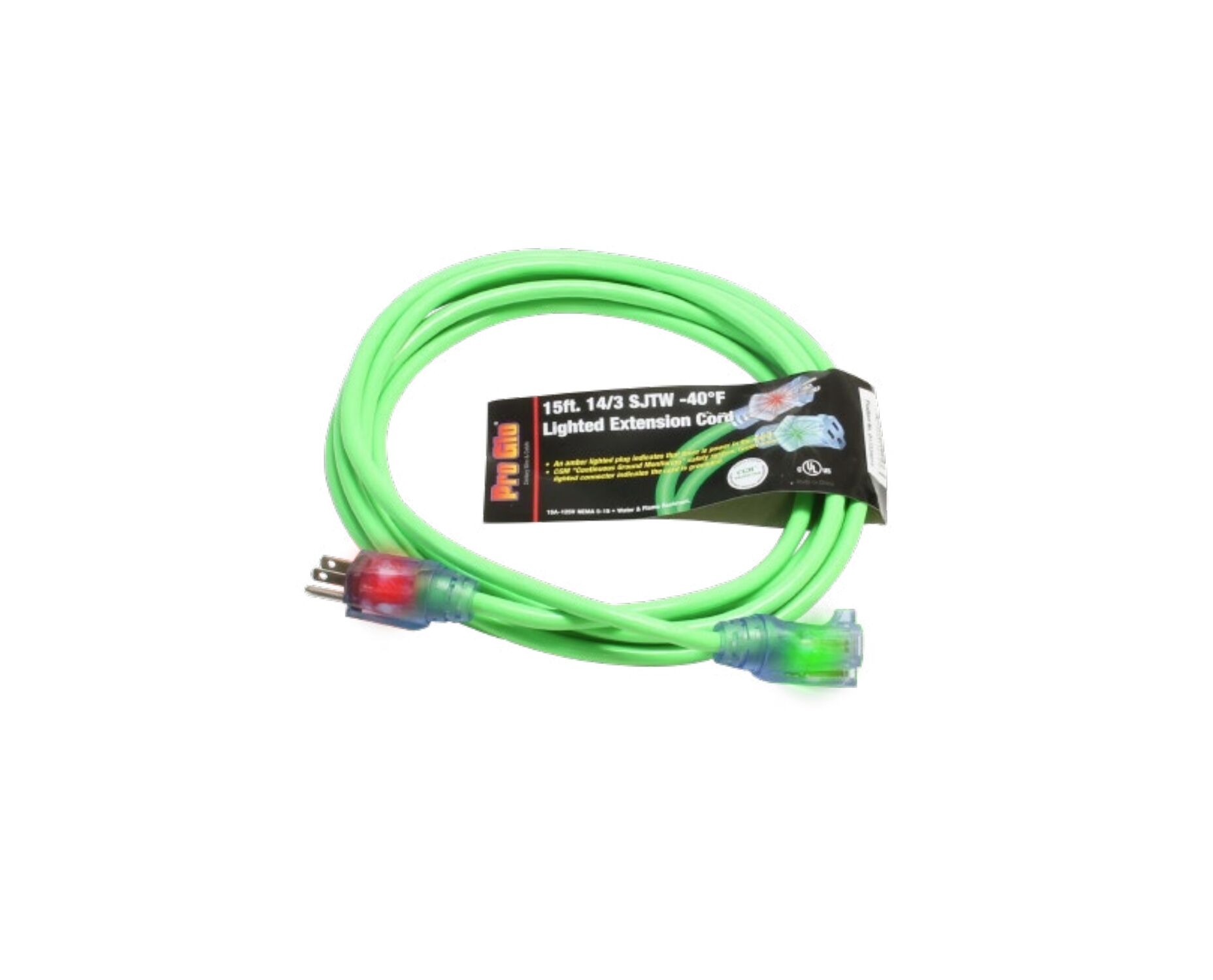 Pro Glo Green 14/3 SJTW Lighted Extension Cord With CGM, 15-Ft