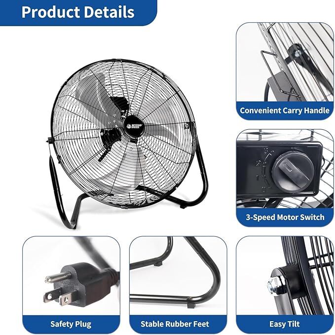Beyond Breeze High Velocity 3-Speed Adjustable Floor Fan, 20-In