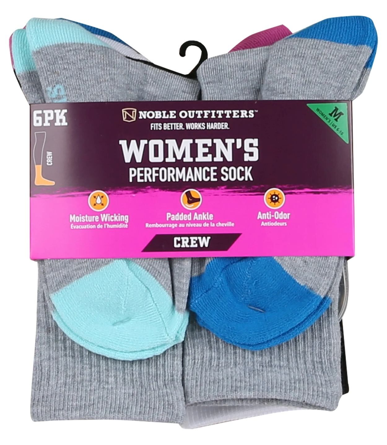 Noble Outfitters Women's Performance Crew Sock, 6-Pk
