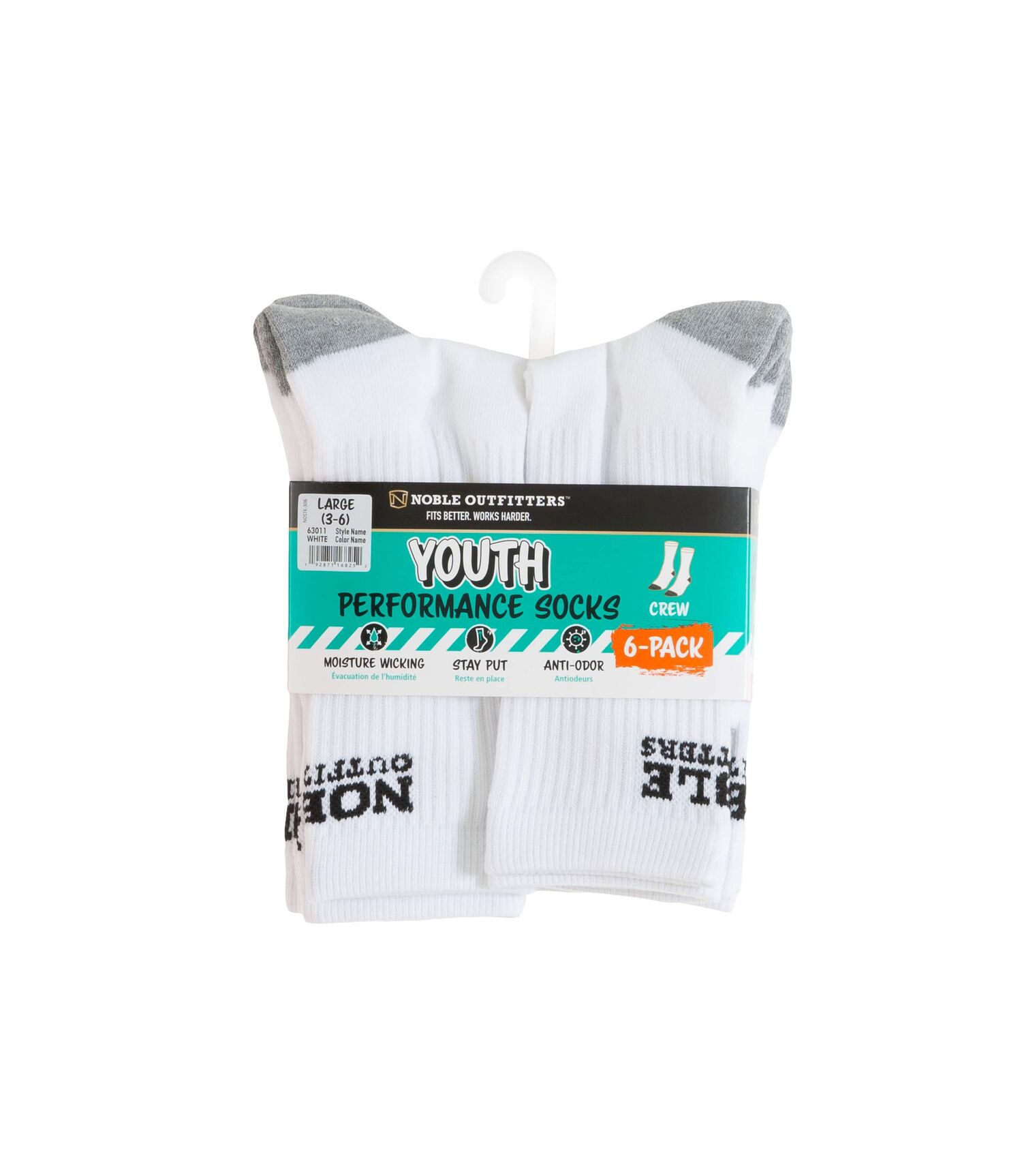 Noble Outfitters Youth Performance Crew Sock 6-Pk in White