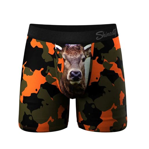 Shinesty Men's The Bambi Bunchers Orange Camo Deer Ball Hammock Pouch Underwear With Fly