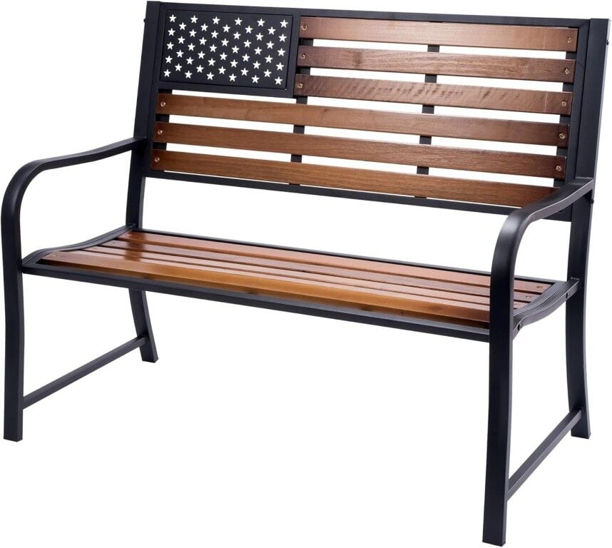 Backyard Expressions Wood American Flag Porch Bench With Metal Frame