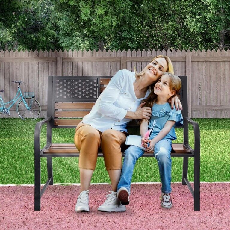 Backyard Expressions Wood American Flag Porch Bench With Metal Frame