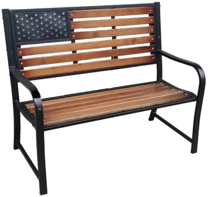 Backyard Expressions Wood American Flag Porch Bench With Metal Frame