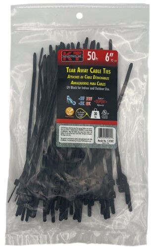 KT Industries Black Tear Away Cable Ties, 6-In, 50-Pk