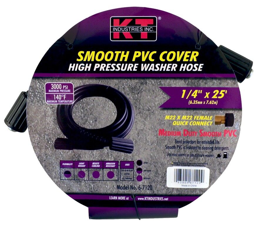 KT Industries Smooth PVC Cover High Pressure Washer Hose, 1/4-In x 25-Ft