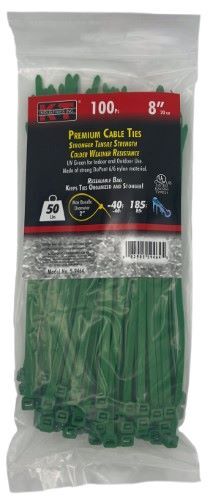 KT Industries Green Standard Duty Premium Cable Ties, 8-In, 100-Pk