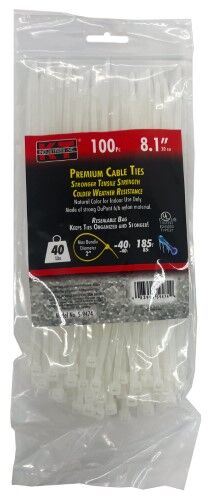 KT Industries Natural Light Duty Premium Cable Ties, 8.1-In, 100-Pk